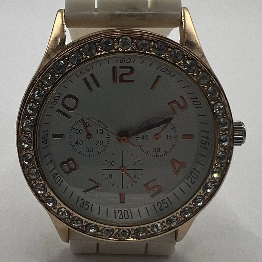Ladies Trendy Round Rose Gold Tone Bezel‎ White Dial Poly Band Analog Watch J6